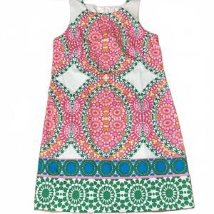 London Times Sleeveless Geometric Print Dress Size 10 Pink Green Knee Length